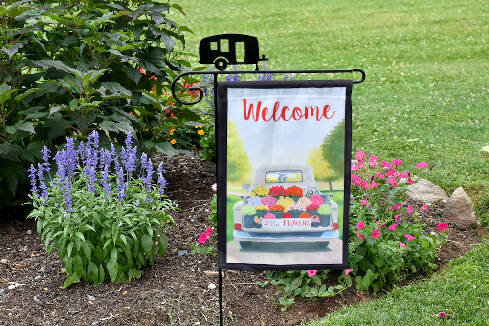 Small Garden Flag Holder With Camper Cutout Design