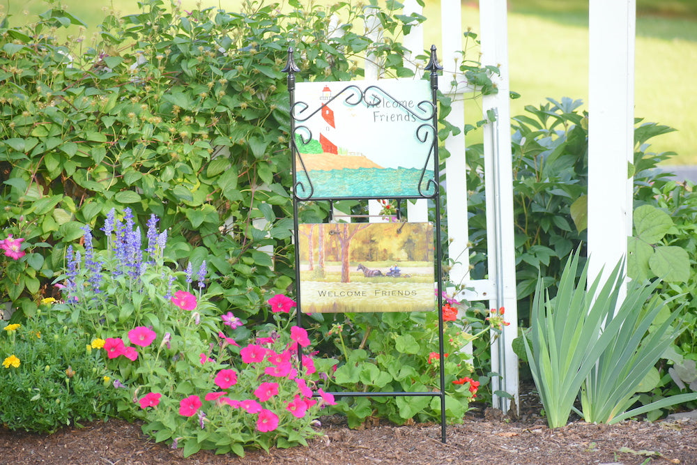 31” tall double finial slate or sign holder for 12” wide slates with additional sign hooks