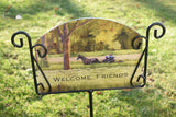 Welcome Friends Amish Buggy Scene Aluminum Painted Sign