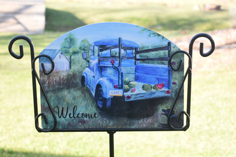 'Welcome' Rustic Blue Farm Truck Painted Sign