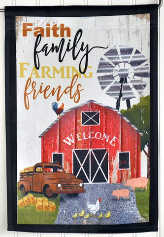 Barn and Truck - Faith, Family, Farm, Friends - on a Nylon Garden Flag for a Mini Flag Holder